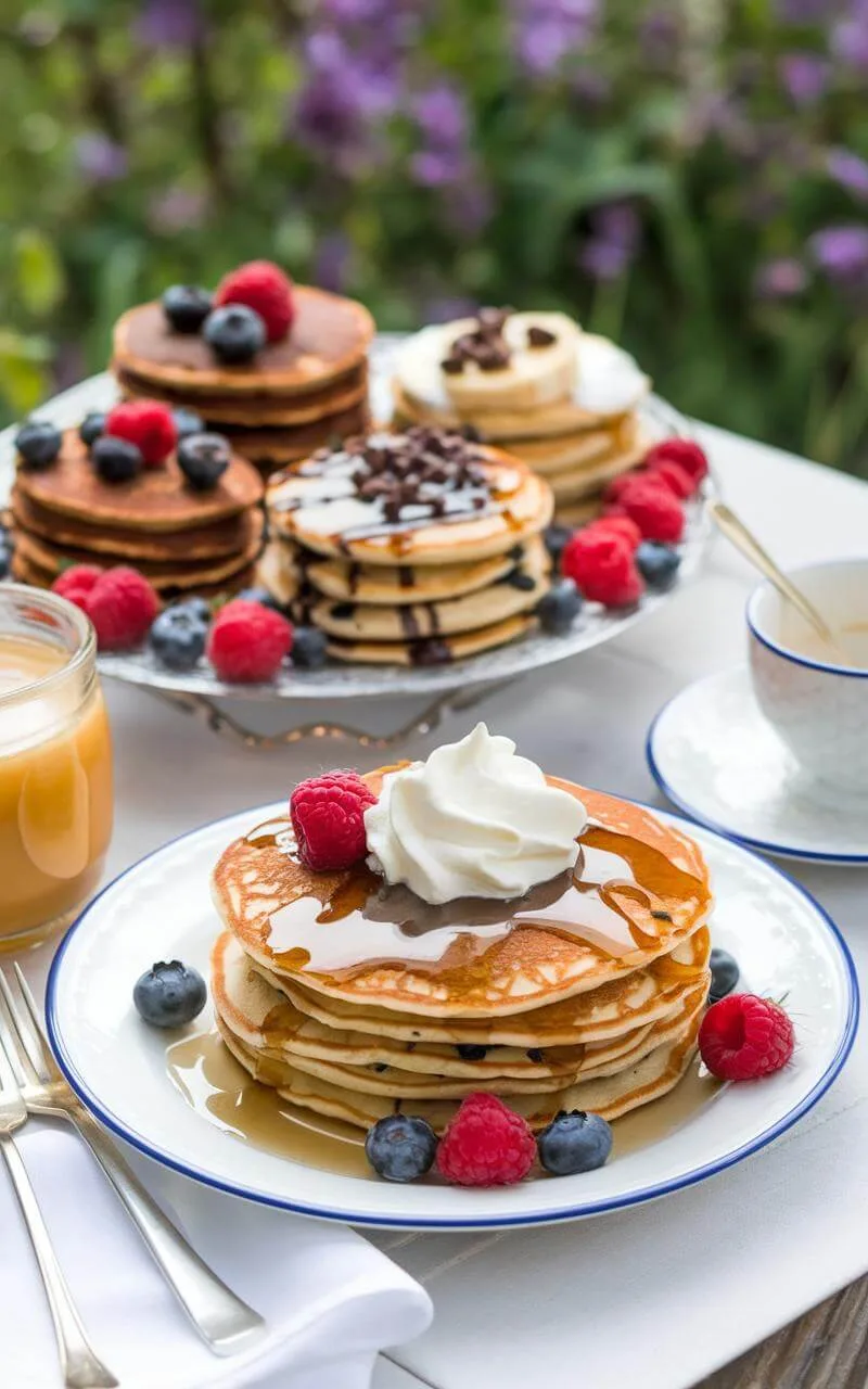 Almond Flour Pancakes: The Ultimate Gluten-Free Breakfast Treat 3 A scenic outdoor brunch table featuring a platter of almond flour pancakes with variations including blueberry, chocolate chip, and banana.