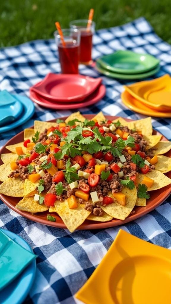 Healthy Nachos: A Guilt-Free Game Day Delight 4 A picnic scene with healthy nachos served on a checkered blanket outdoors.