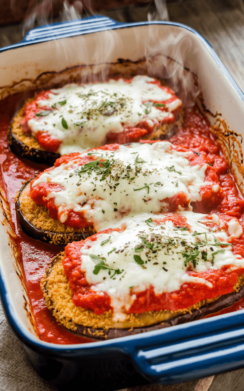 Oven-fresh eggplant parmesan in a ceramic baking dish with steam rising from bubbling melted cheese on top.