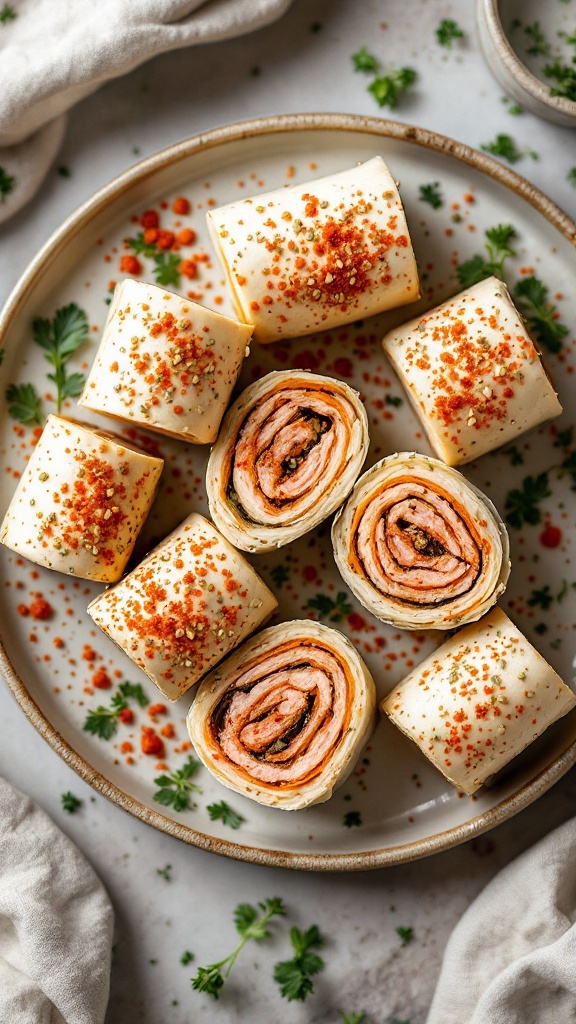 Overhead view of garnished rolls with hemp seeds and smoked paprika on a serving plate with fresh herbs