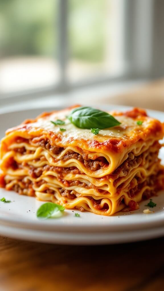 Cross-section of palmini lasagna showing layers of noodles, meat, and cheese, garnished with fresh basil, on a white plate under natural window light