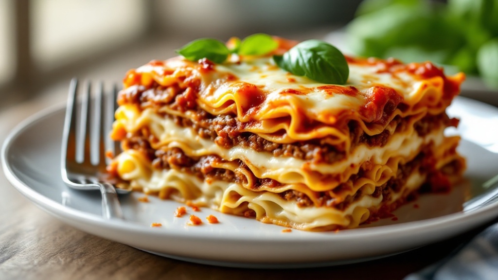 "slice of low-carb lasagna with palmini noodles, meat sauce, and melted mozzarella on a white plate with fresh basil garnish under natural light"