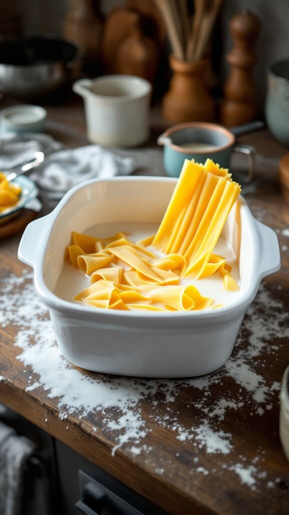 Preparing palmini lasagna noodles in a rustic kitchen, soaking them in a white ceramic dish with milk, surrounded by measuring cups and a colander, under natural light