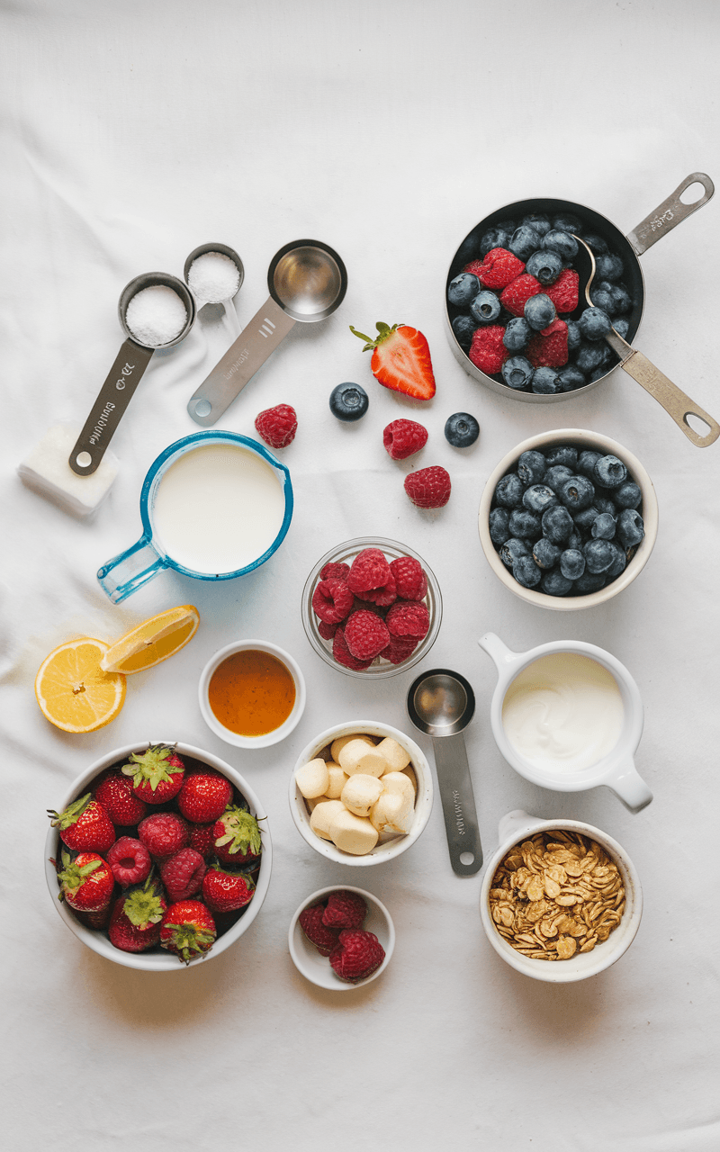 Overhead view of parfait ingredients, including measuring cups, spoons, and vibrant berries, neatly arranged on a white surface