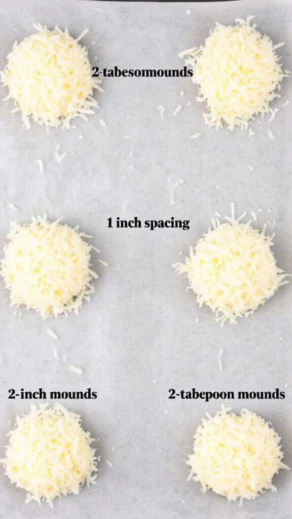 Crispy Cheese Crisps (4 Easy Methods) - Ready In Minutes! 4 Grated parmesan cheese evenly spaced in 2-tablespoon mounds on a parchment-lined baking sheet