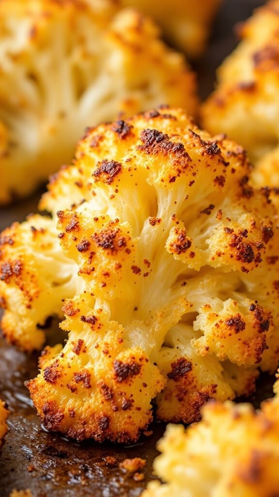 Crispy Cauliflower Buffalo Bites (Vegetarian, Easy Crowd-Pleaser) 6 Close-up image of a partially baked cauliflower with golden brown edges indicating crispy texture development