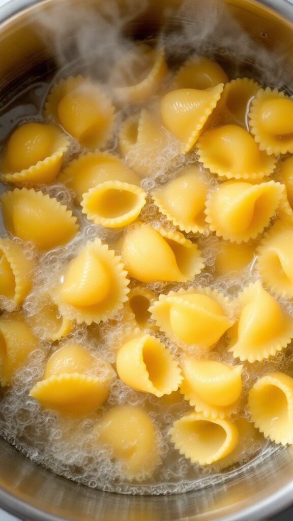 Large pasta shells boiling in a stainless steel pot with steam rising and a few shells floating to the surface