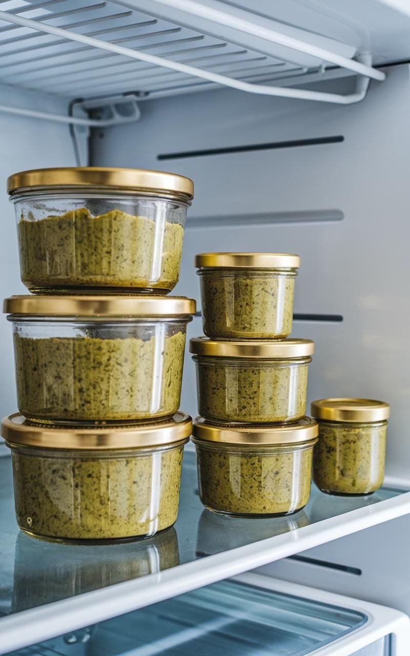 Make-ahead pâté containers arranged on a refrigerator shelf.