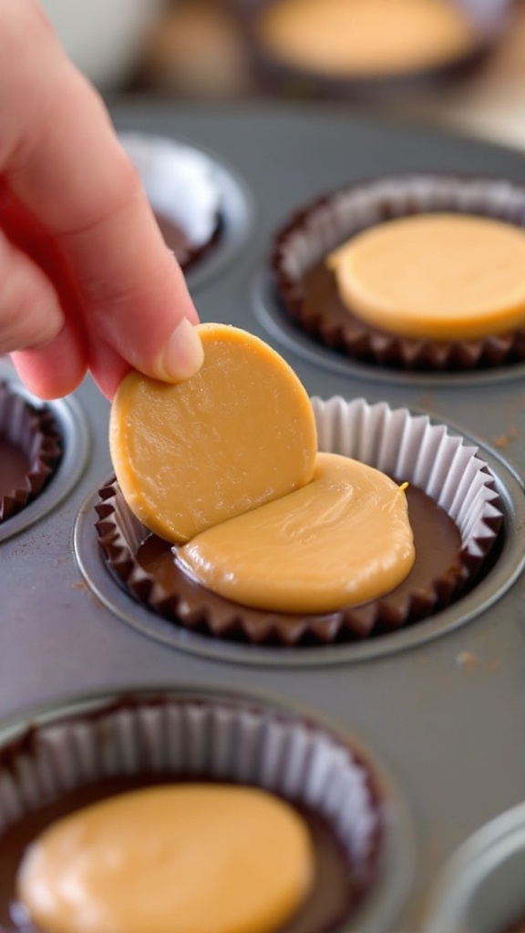 Protein Peanut Butter Cups 8 Peanut butter disks being placed on semi-set chocolate layers in muffin cups, other cups waiting in the background