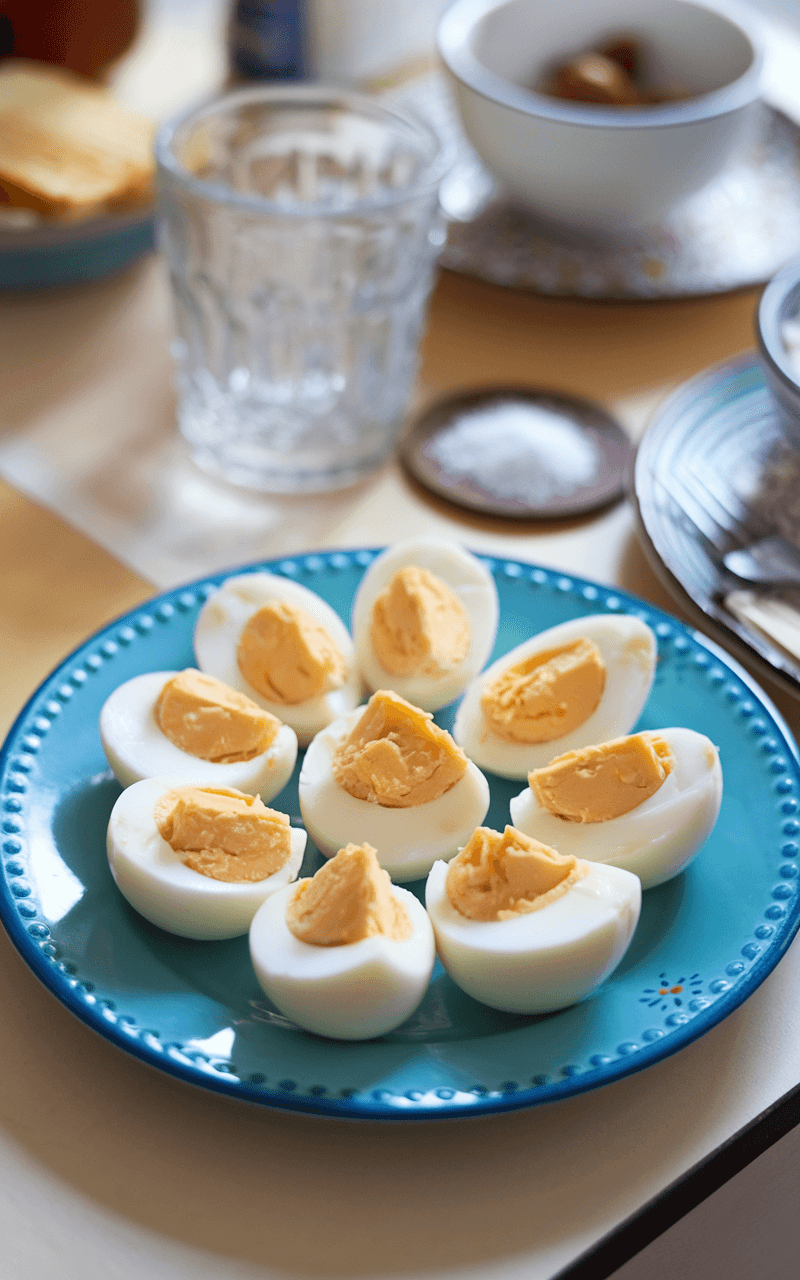 Perfectly peeled and quartered hard-boiled eggs on a small plate with a pinch of salt beside them on a breakfast table.