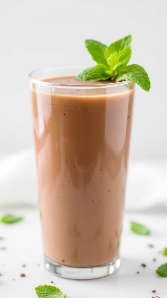 Peppermint Chocolate Protein Shake 7 Peppermint chocolate protein shake in a tall glass with a fresh mint leaf on top