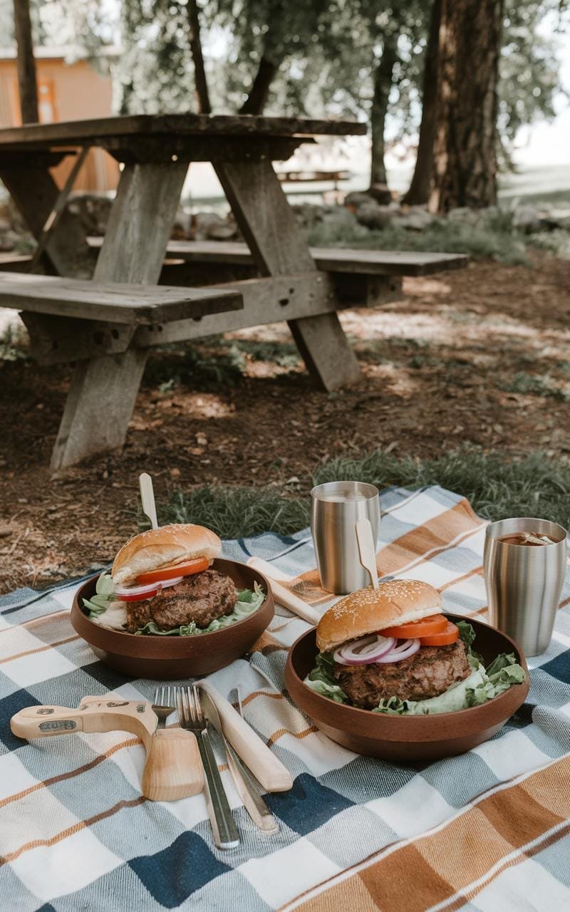 Bison Burger Bowl: A Quick, Healthy, And Delicious Low-Carb Meal 8 Picnic setup with bison burger bowls, featuring fresh vegetables and garnishes, arranged on a checkered cloth outdoors.