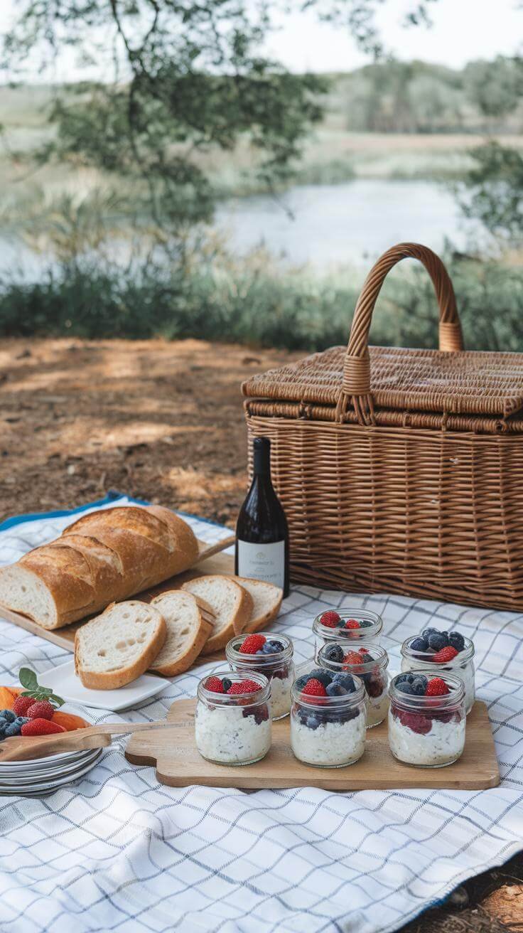 Outdoor picnic with a checkered blanket, wicker basket, and mason jars filled with cottage cheese topped with mixed berries.