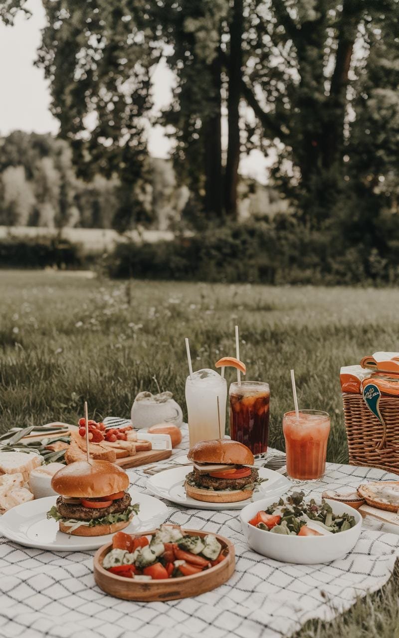 Grilled Portobello Mushroom Burger: The Meatless Marvel That'Ll Make You Forget Beef 3 A picnic layout on a checkered blanket with portobello mushroom burgers, colorful side salads, and assorted refreshing drinks.