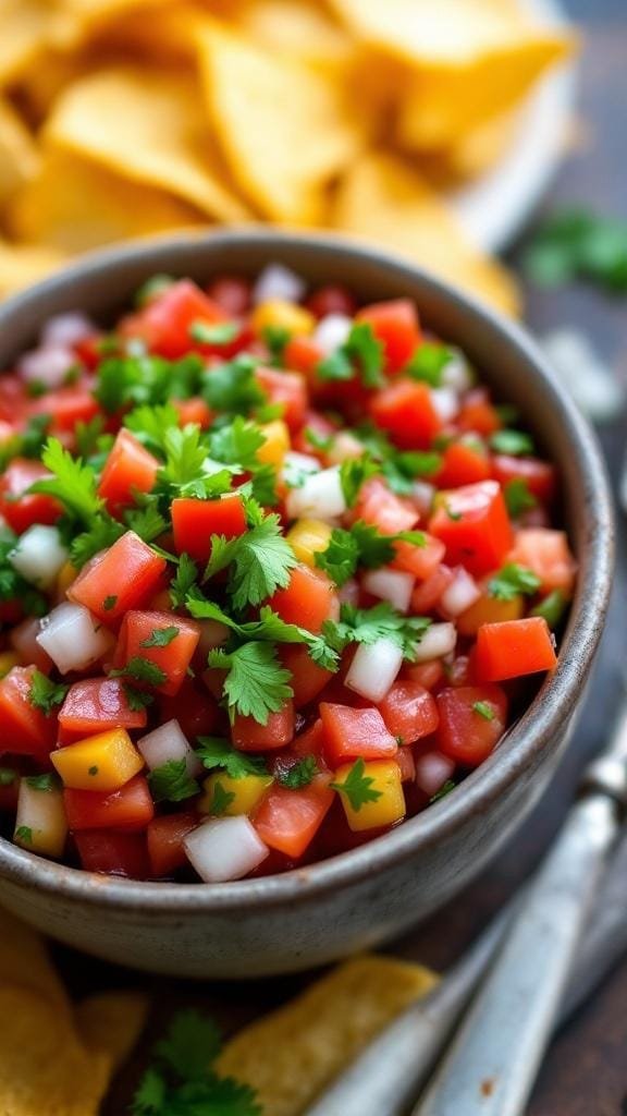 Healthy Nachos: A Guilt-Free Game Day Delight 8 A bowl of homemade pico de gallo with fresh tomatoes, cilantro, and onions beside a stack of crispy nachos.