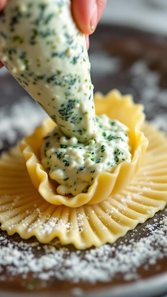 Hands meticulously filling a cooked pasta shell with green-flecked ricotta cheese