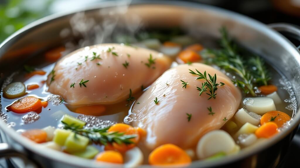 Perfect Poached Chicken Breasts 2 "bone-in chicken breasts poaching in a stainless steel pan with aromatics, in natural window light, with steam and thermometer reading 175°f"