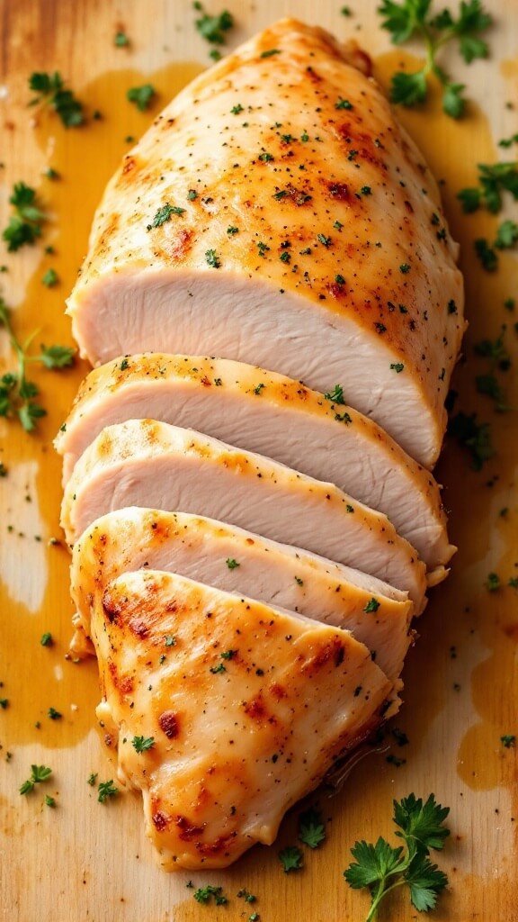 Perfect Poached Chicken Breasts 8 Sliced poached chicken breast showcasing juicy cooked white meat arranged on a cutting board with fresh herbs