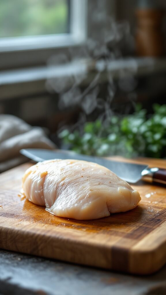 Perfect Poached Chicken Breasts 7 Steaming poached chicken breast on a wooden board with a chef's knife, illuminated by soft window light