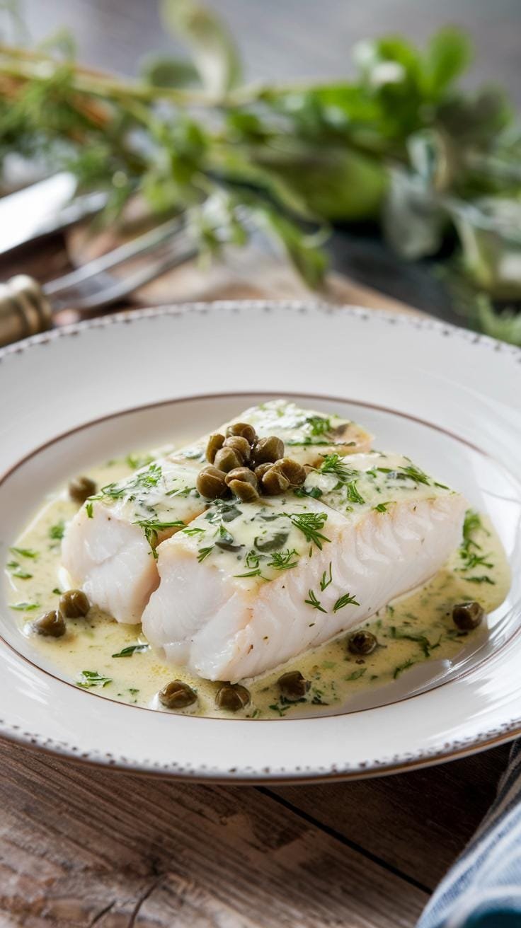Perfectly poached fish fillet on a white plate, drizzled with herb-flecked butter sauce and topped with capers.