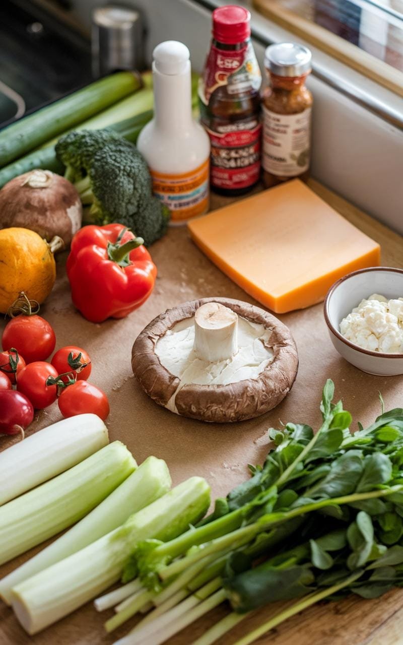 Grilled Portobello Mushroom Burger: The Meatless Marvel That'Ll Make You Forget Beef 5 Top-down view of portobello burger ingredients laid out, including large portobello mushrooms, sliced tomatoes, lettuce, cheese, and hamburger buns.