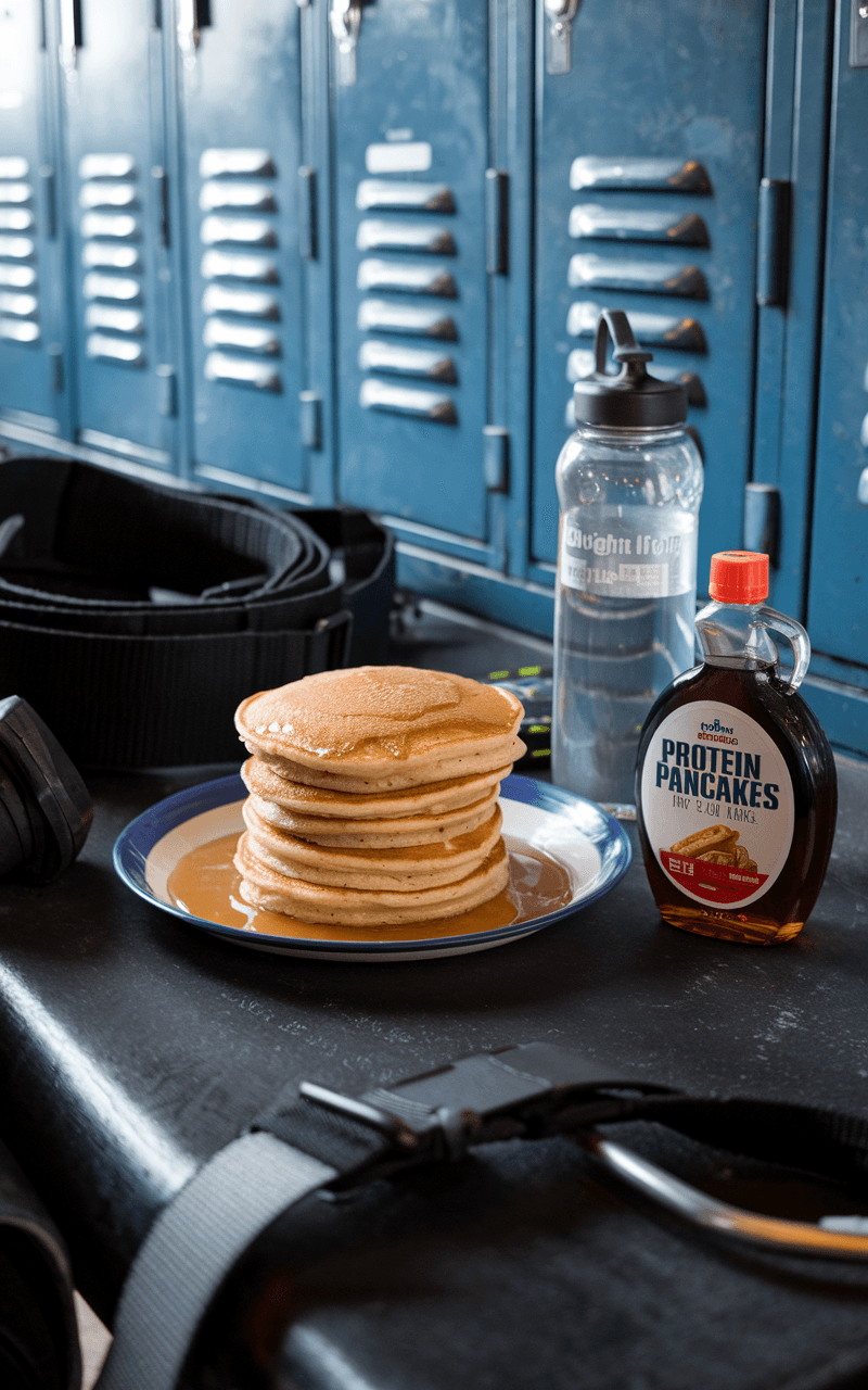 A gym locker room with workout gear scattered on a bench, next to a plate of protein pancakes, highlighting an ideal post-workout meal.