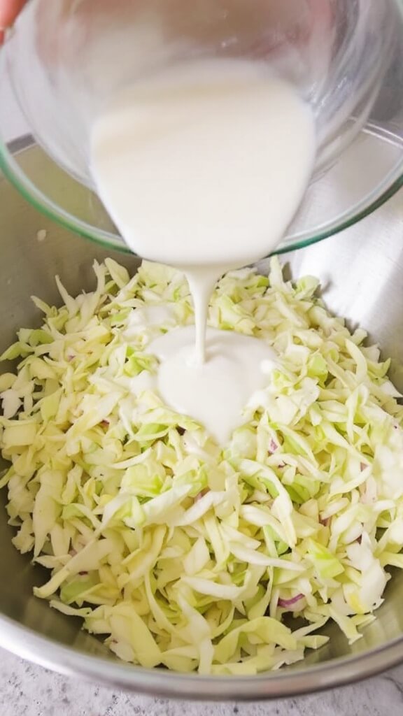 Perfect Keto Coleslaw (Quick &Amp; Creamy) 5 Hands pouring creamy white dressing from a glass bowl onto freshly shredded cabbage in a stainless steel bowl