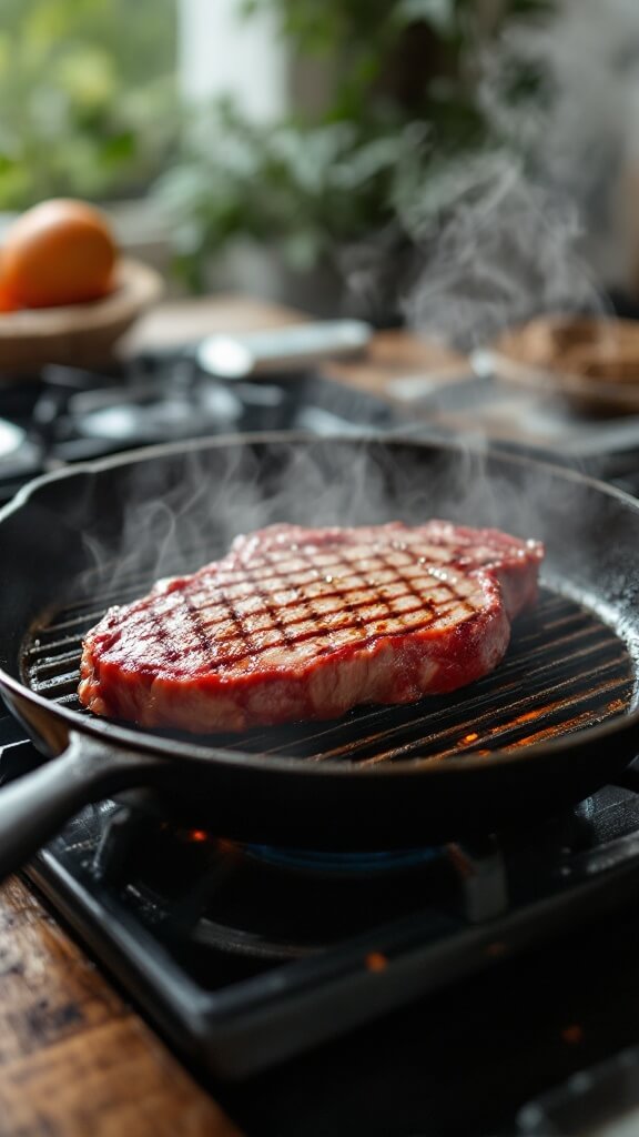 Preheated cast-iron grill pan with smoke rising, a meat thermometer and spatula on the side under soft kitchen lighting.