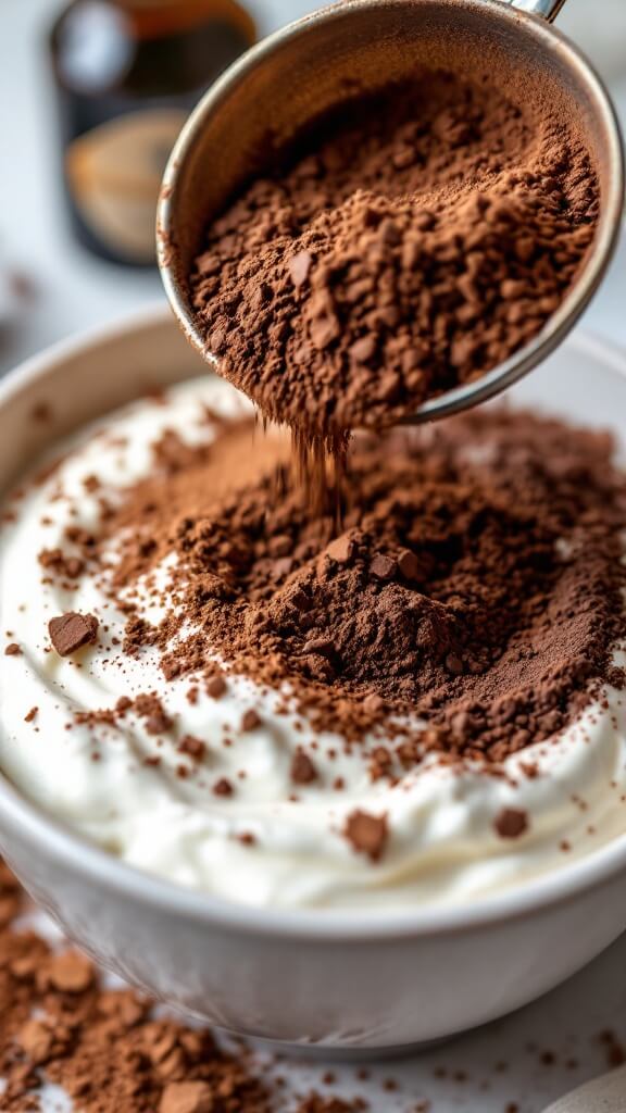 Mixing chocolate protein and dark cocoa powder over greek yogurt with a bottle of vanilla extract nearby