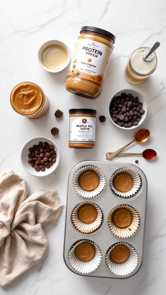 Protein Peanut Butter Cups 3 Top-down view of ingredients for protein peanut butter cups on a white countertop