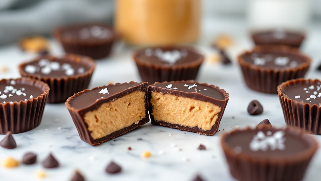 Protein Peanut Butter Cups 2 "protein peanut butter cups on marble surface, featuring dark chocolate shell and lighter peanut butter filling, with sea salt and chocolate chips sprinkled on top, jar of peanut butter in background, side lighting highlighting glossy chocolate coating. "