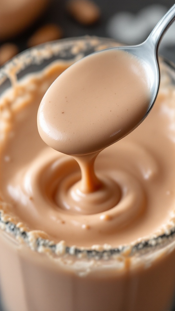 Peppermint Chocolate Protein Shake 5 Close-up of a spoon lifting a smooth, thick, chunk-free protein shake, highlighting its creamy consistency