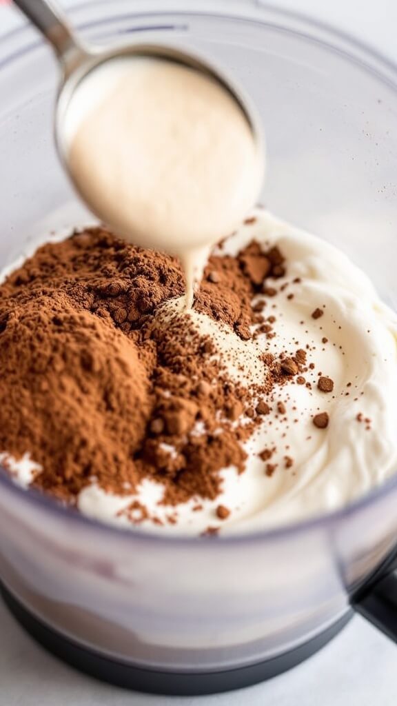 Adding greek yogurt, cocoa powder, and protein powder into a modern food processor under soft lighting