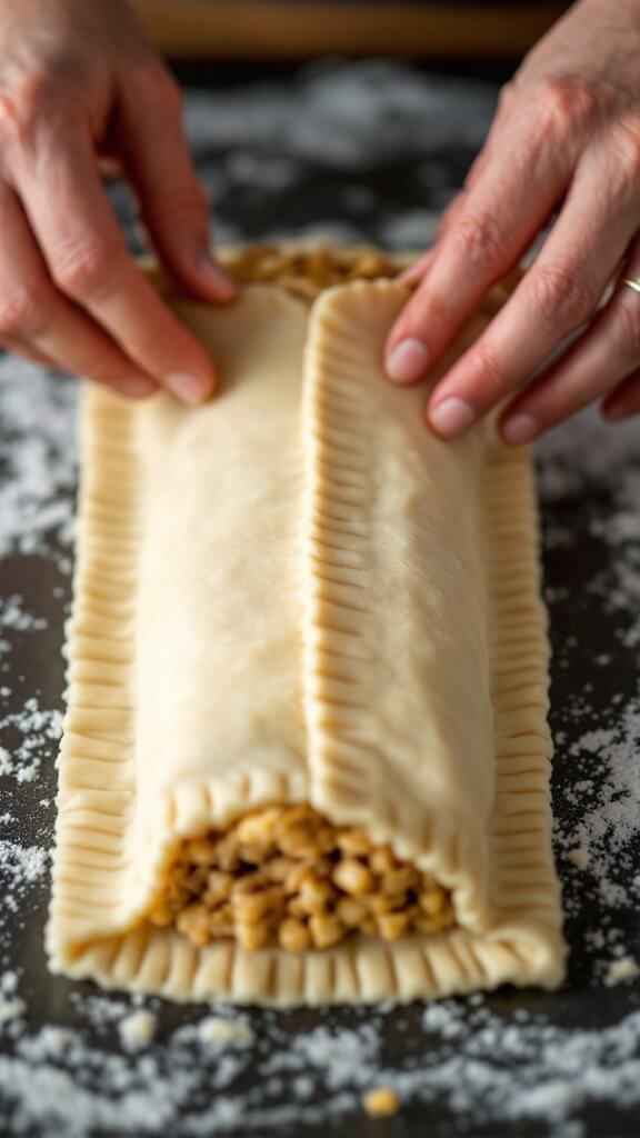 Mushroom Wellington Recipe: A Showstopping Vegetarian Main 7 Hands carefully folding puff pastry edges over filling for a wellington, using water and crimping for a neat seam