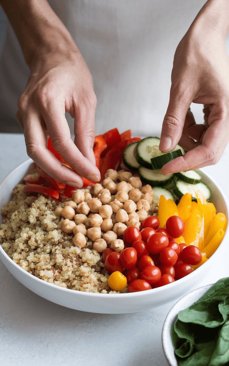 Quinoa Buddha Bowl: A Nourishing Veggie-Packed Delight 6 Hands assembling a quinoa buddha bowl, arranging vibrant vegetables and chickpeas on top of a bed of quinoa.