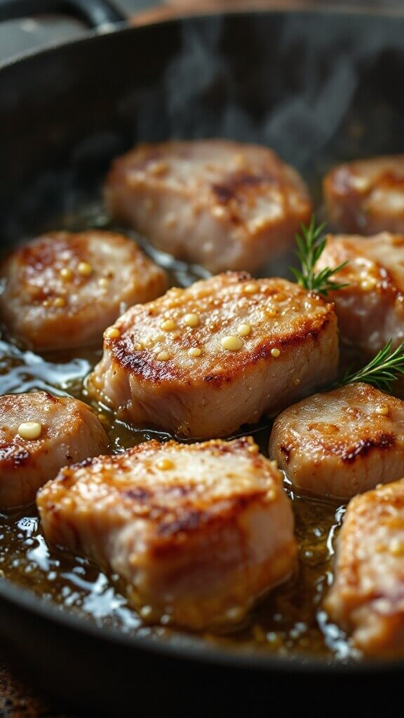 Classic Rabbit Stew (Hasenpfeffer) 5 Rabbit meat searing in a cast iron dutch oven, forming a golden-brown crust while butter and oil bubble around, with steam rising