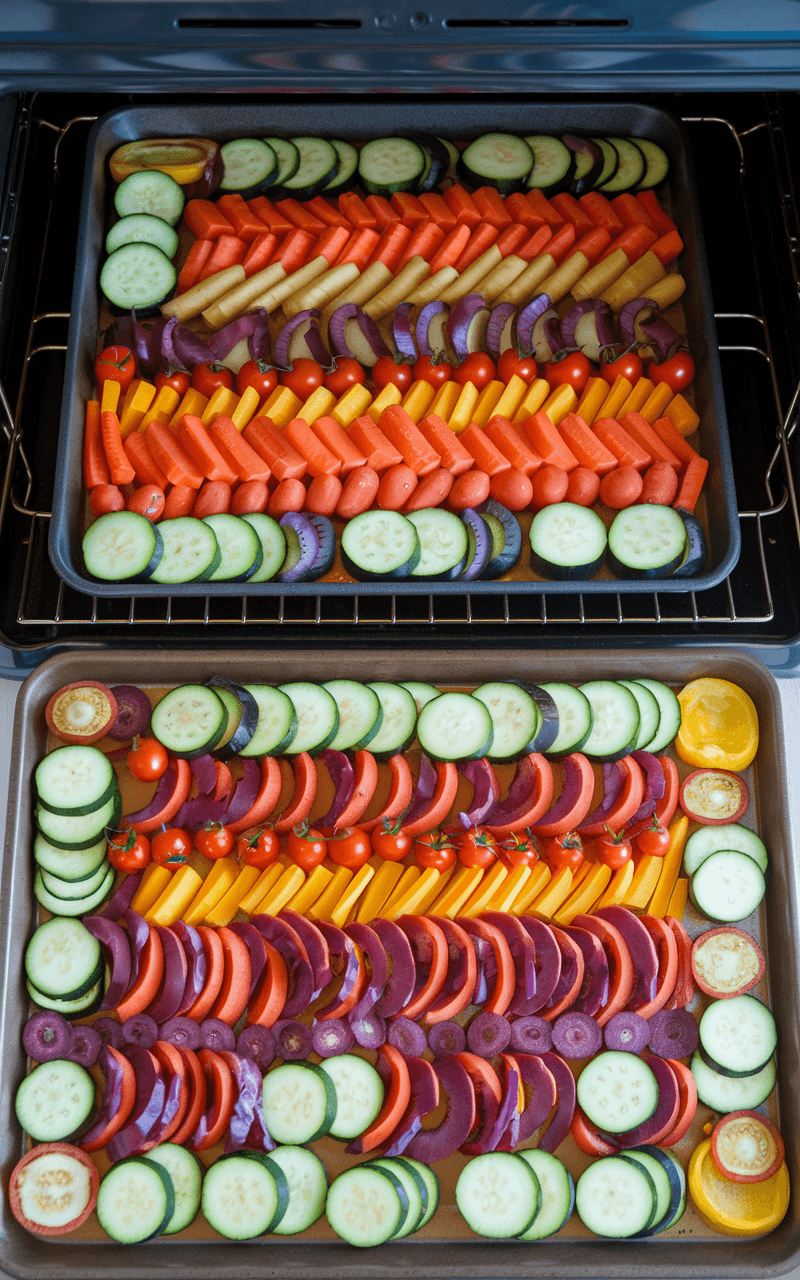 Overhead view of two sheet pans with colorful, assorted raw vegetables ready for the oven.