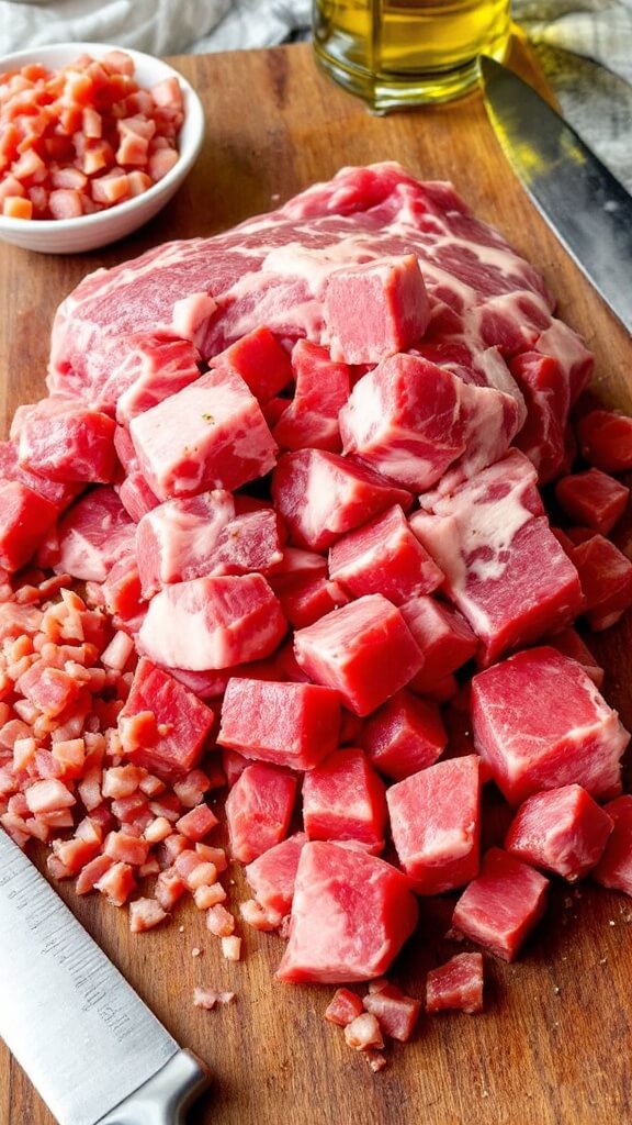 Raw wild boar shoulder cut into 1-inch cubes with diced pancetta and olive oil bottle on a wooden cutting board