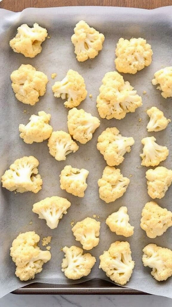 Crispy Cauliflower Buffalo Bites (Vegetarian, Easy Crowd-Pleaser) 5 Raw battered cauliflower florets arranged with spacing on a parchment-lined baking sheet, ready for baking