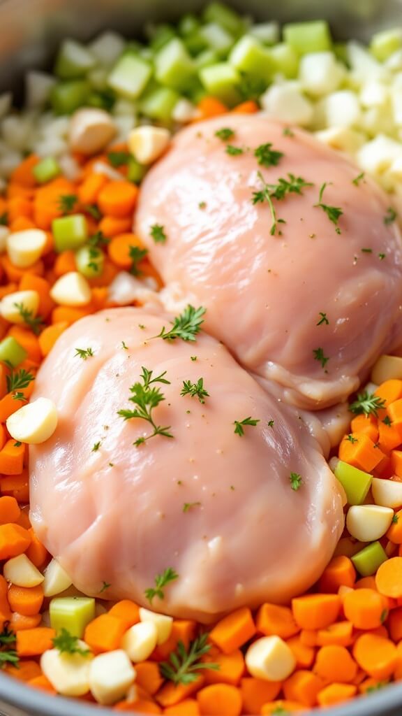 Perfect Poached Chicken Breasts 3 Raw chicken breasts surrounded by freshly chopped onions, carrots, and celery, with scattered smashed garlic cloves, bay leaves, and sprigs of thyme on a metal pan