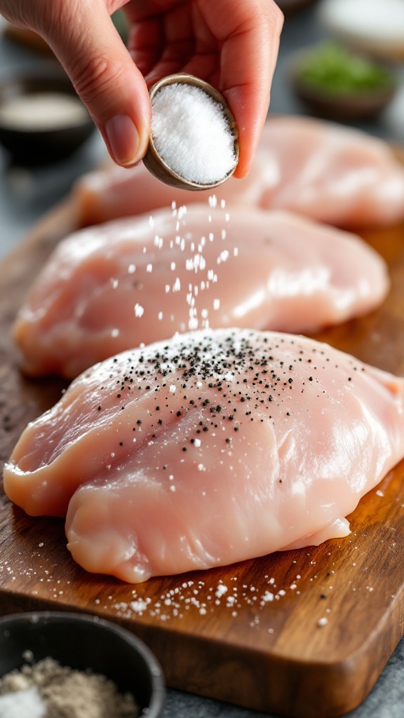 Raw chicken breasts being seasoned on a wooden board with salt and black pepper, with bowls of spices nearby