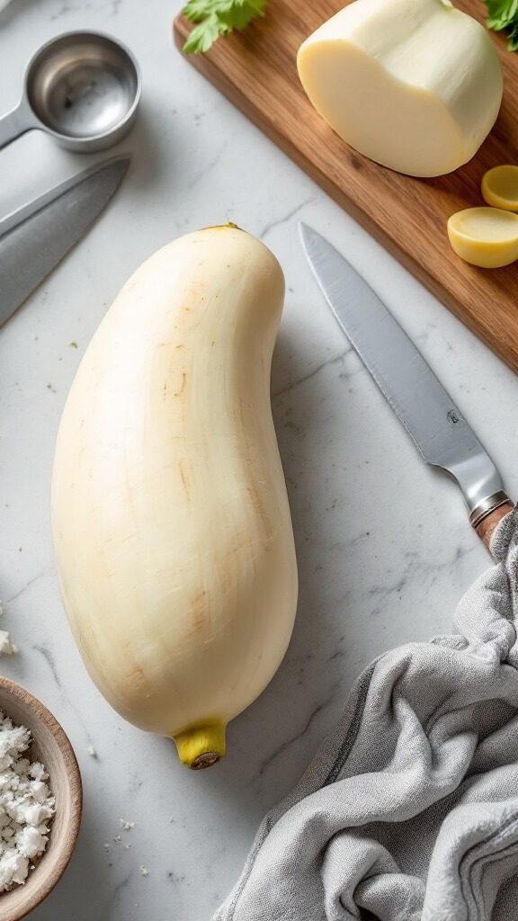 Crispy Jicama Fries (Low-Carb, Keto-Friendly) 3 Raw jicama on a pristine kitchen countertop, next to a chef's knife, vegetable peeler, and measuring spoons
