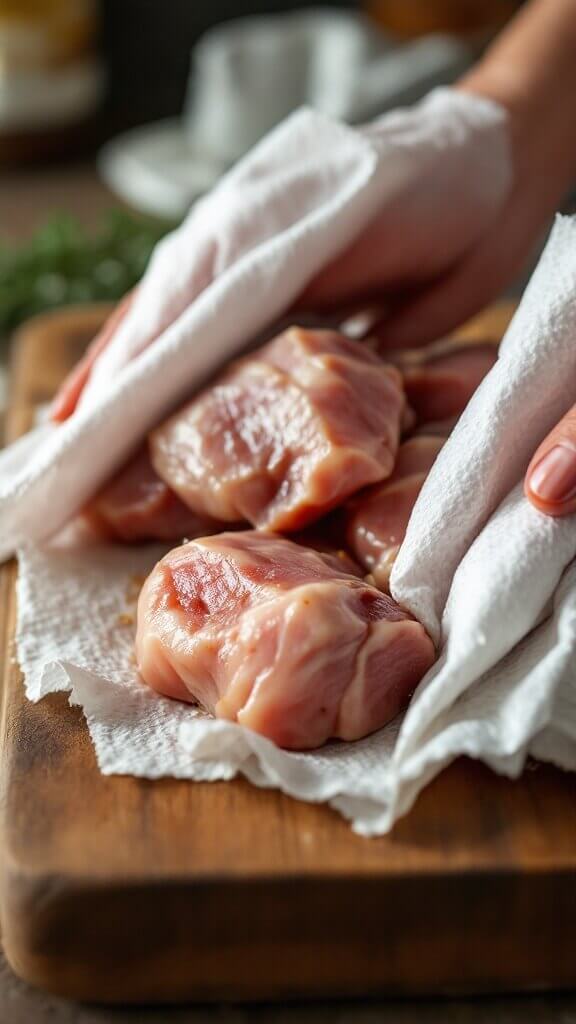 Classic Rabbit Stew (Hasenpfeffer) 4 Close-up image of marinated rabbit meat being dried on a wooden cutting board under warm natural light