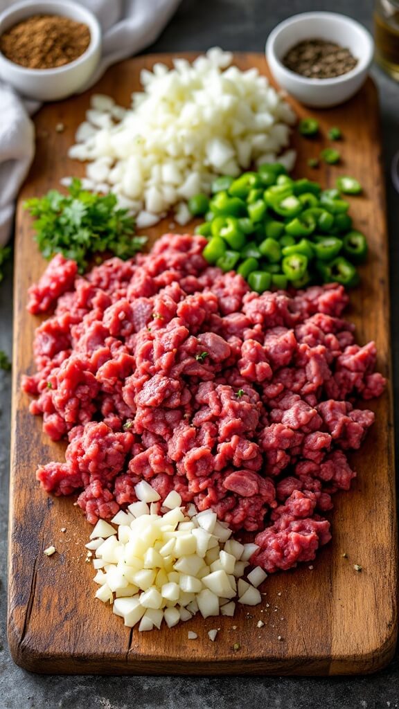 Raw ostrich meat, diced onions, minced garlic, and green peppers on a wooden cutting board, with fresh herbs and spices in nearby bowls under natural light.