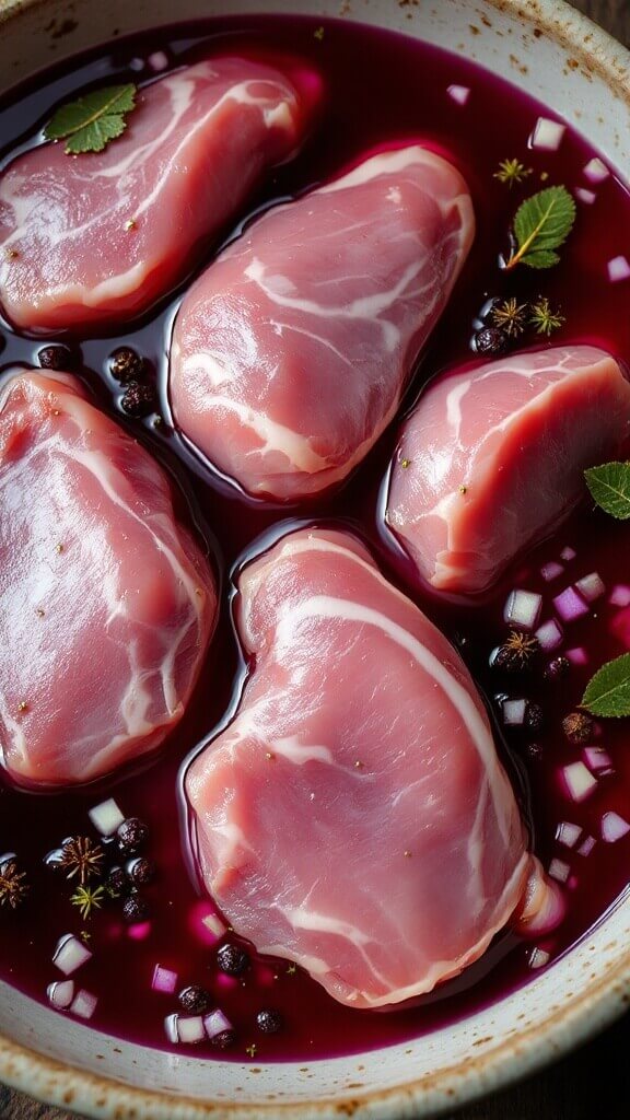 Classic Rabbit Stew (Hasenpfeffer) 3 Raw rabbit meat marinating in red wine with onions, juniper berries, and bay leaves in a ceramic bowl