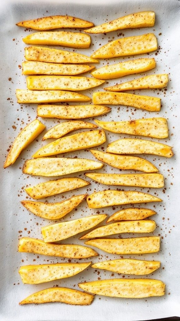 Crispy Jicama Fries (Low-Carb, Keto-Friendly) 8 Seasoned jicama fries arranged evenly on a parchment-lined baking sheet, glistening with oil and spices