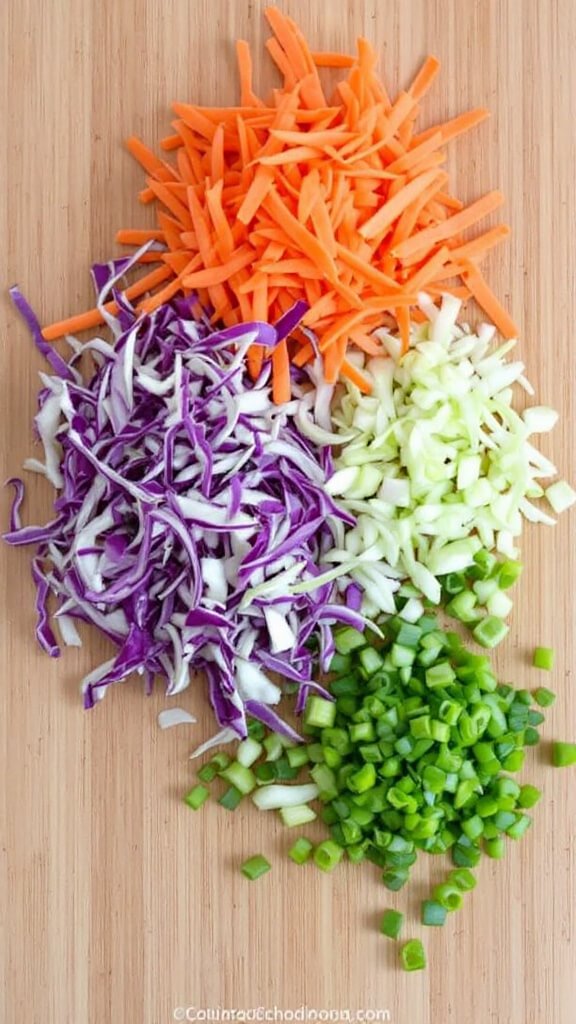 Perfect Keto Coleslaw (Quick &Amp; Creamy) 4 Raw ingredients for coleslaw, shredded green and purple cabbage, julienned carrots, chopped green onions on a wooden cutting board