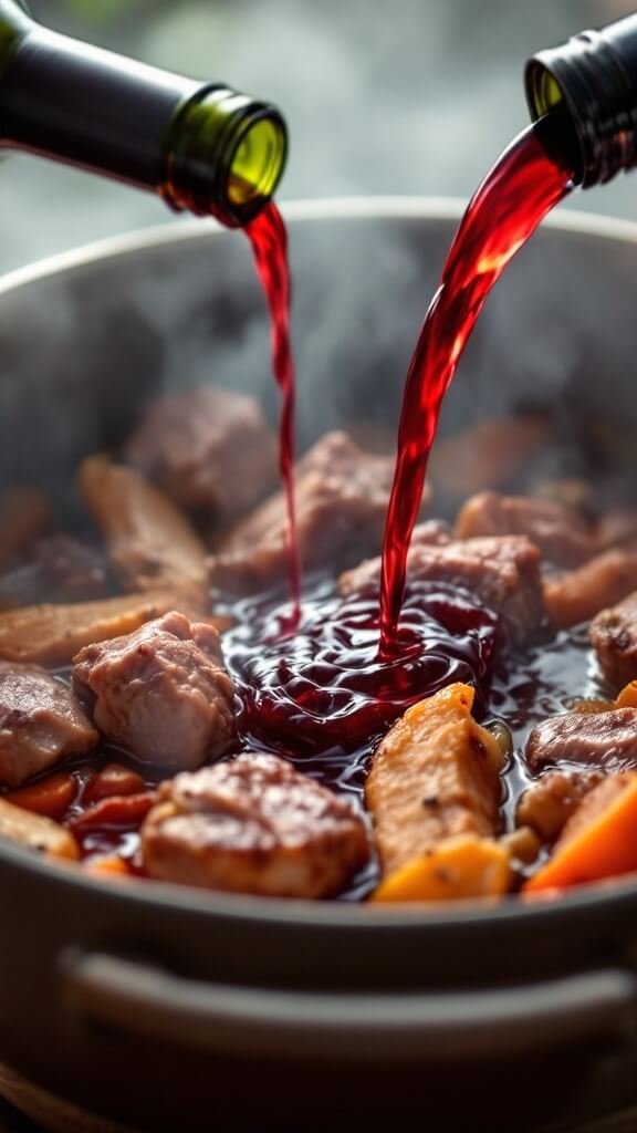 Pouring red wine into a pot of browned meat and vegetables, steaming and bubbling as it boils