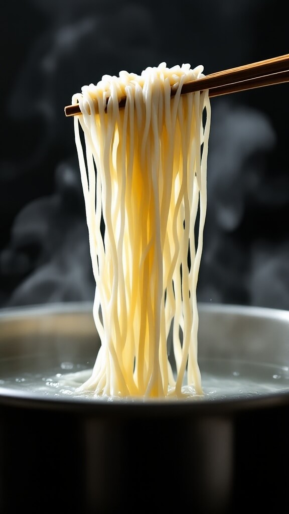 Chopsticks lifting translucent rice noodles from boiling water with steam rising in background