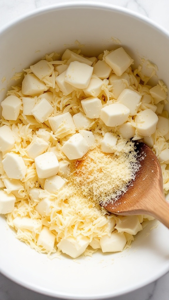 Mixing ricotta cheese, mozzarella, parmesan, egg, and garlic in a white bowl with wooden spoon